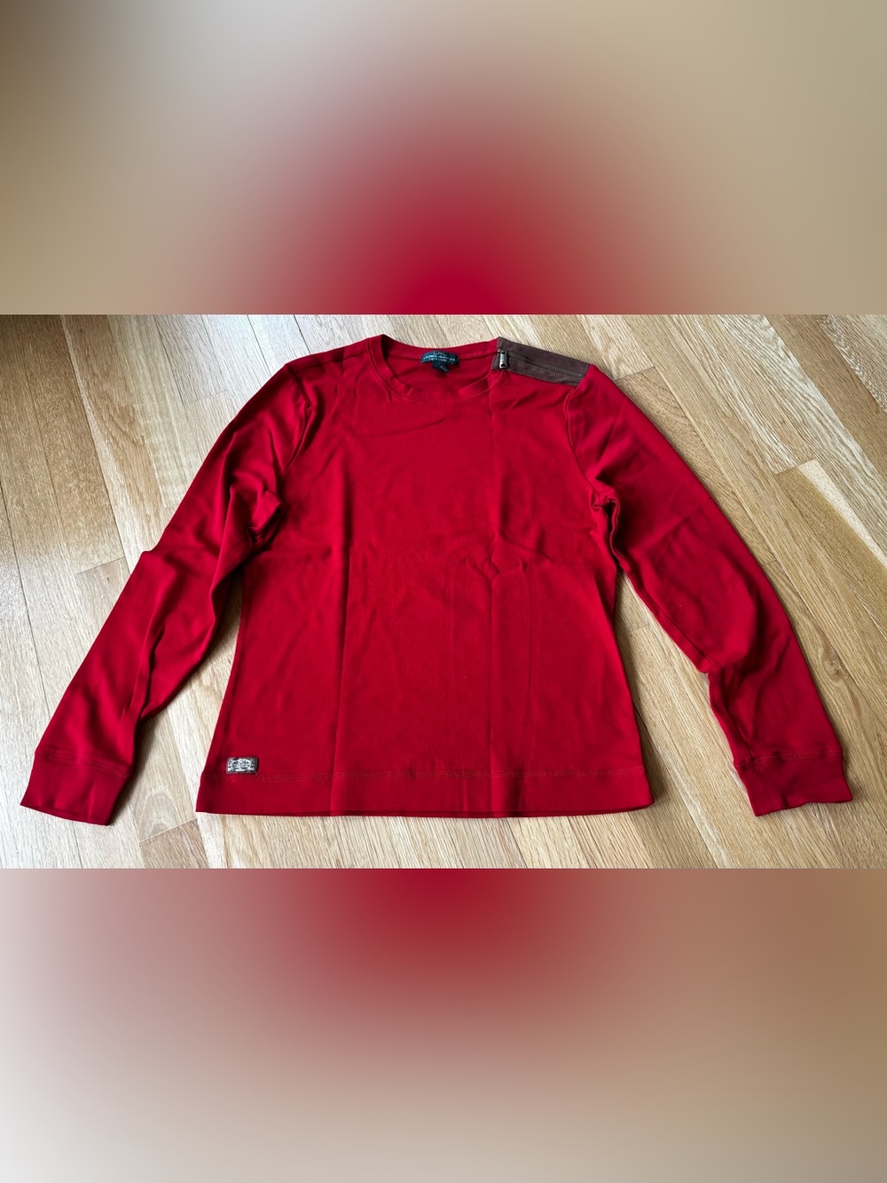 Lauren Jeans Co Ralph Lauren Red Long Sleeve Top Suede Trim Zip Shoulder Sz M